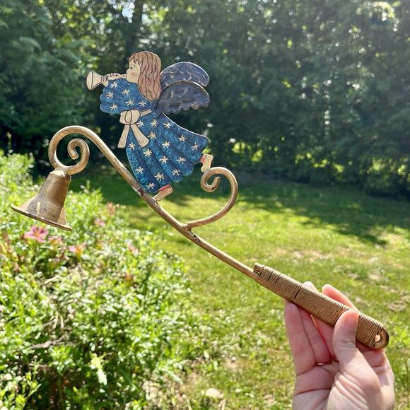 Vintage Brass Hand Painted Angel Candle Snuffer 12” Long Christmas Folk Rustic - Picture 1 of 7